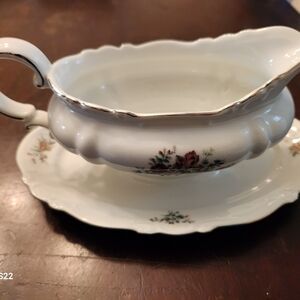 Crown Bavaria Germany Gravy Boat  Bowl Attached Platter Ladle Bouquet Floral. No